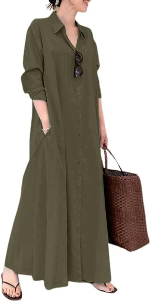 chouyatou Women's Basic Loose Fit Long Sleeve Button Up Maxi Shirt Dress with Pockets | Amazon (US)