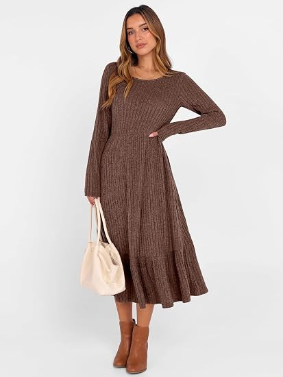 ANRABESS Womens Fall Long Sleeve Midi Dress | Crewneck Swing Flowy A Line Dresses, Soft Comfy Rib... | Amazon (US)