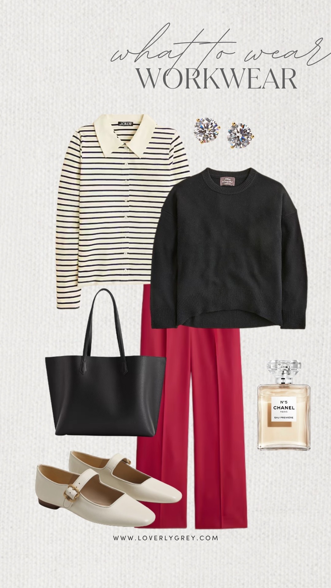 Loverly Grey, what to wear to work. I am loving these red trousers from J.Crew paired with a striped collared shirt with a black sweater layered over the top. I accessorized the look with stud earrings, a black tote, and Mary Jane flats. Loverly Grey, what to wear, workwear 

#LTKHoliday #LTKWorkwear #LTKootd