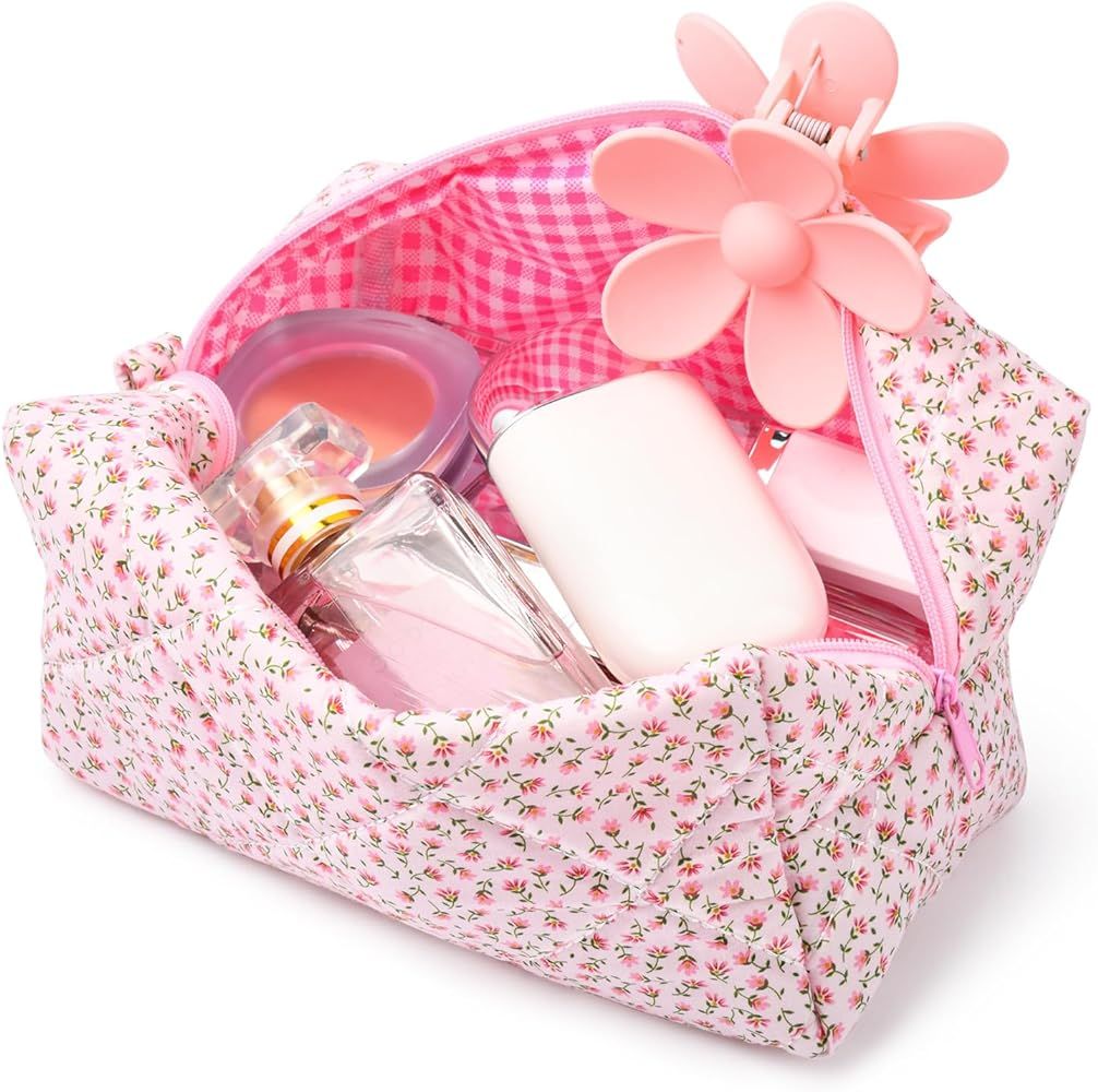 Quilted Makeup Bag Floral Cosmetic Bag Puffy Coquette Makeup pouch Aesthetic Cute Pink Travel Toi... | Amazon (US)