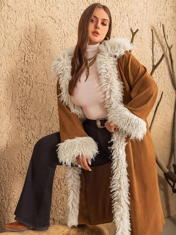 Rusttydustty Bohemian Brown Plus Size Warm & Soft Fuzzy Winter Jacket | SHEIN