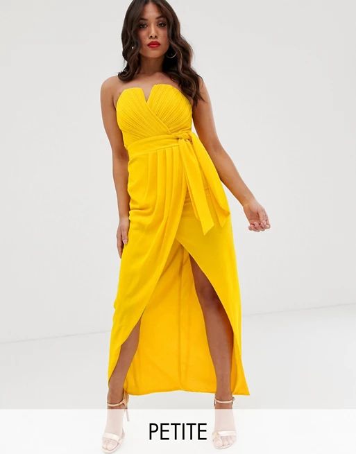 TFNC Petite bandeau wrap midaxi dress with pleated detail in yellow | ASOS UK