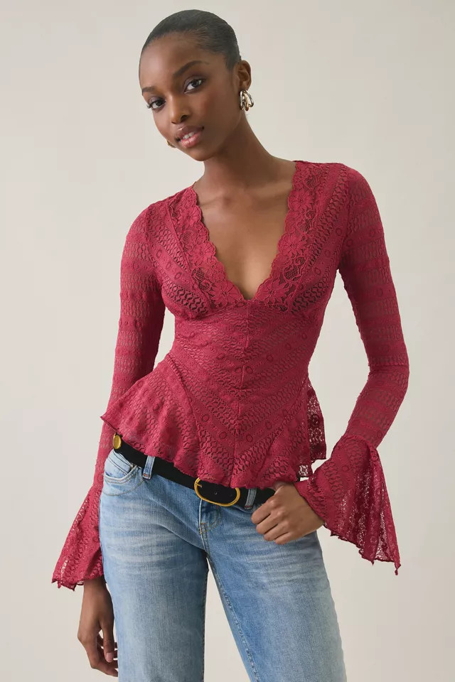 Kimchi Blue Irene Sheer Lace Ruffle Bell Sleeve Top in Black, Women's at Urban Outfitters | Urban Outfitters (US and RoW)