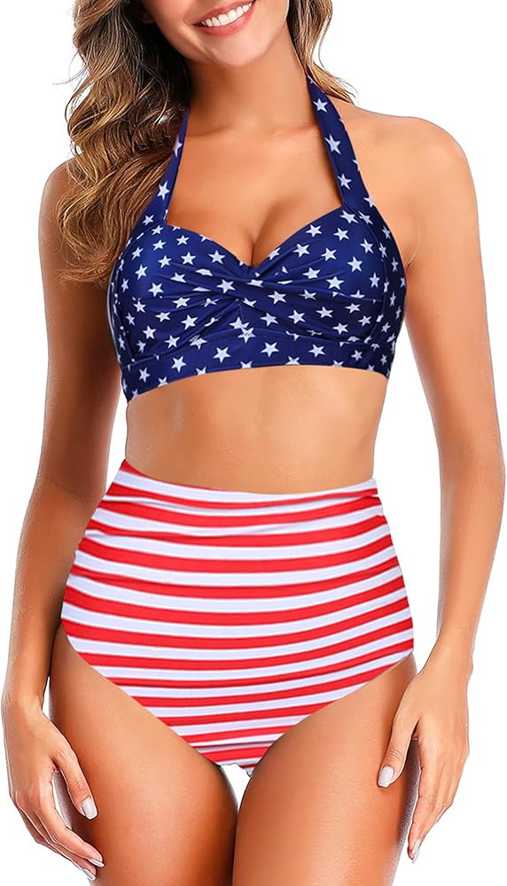Womens High Waisted Bikini Push Up Vintage Swimsuits Halter Top Tummy Control Ruched Bottom Two P... | Amazon (US)