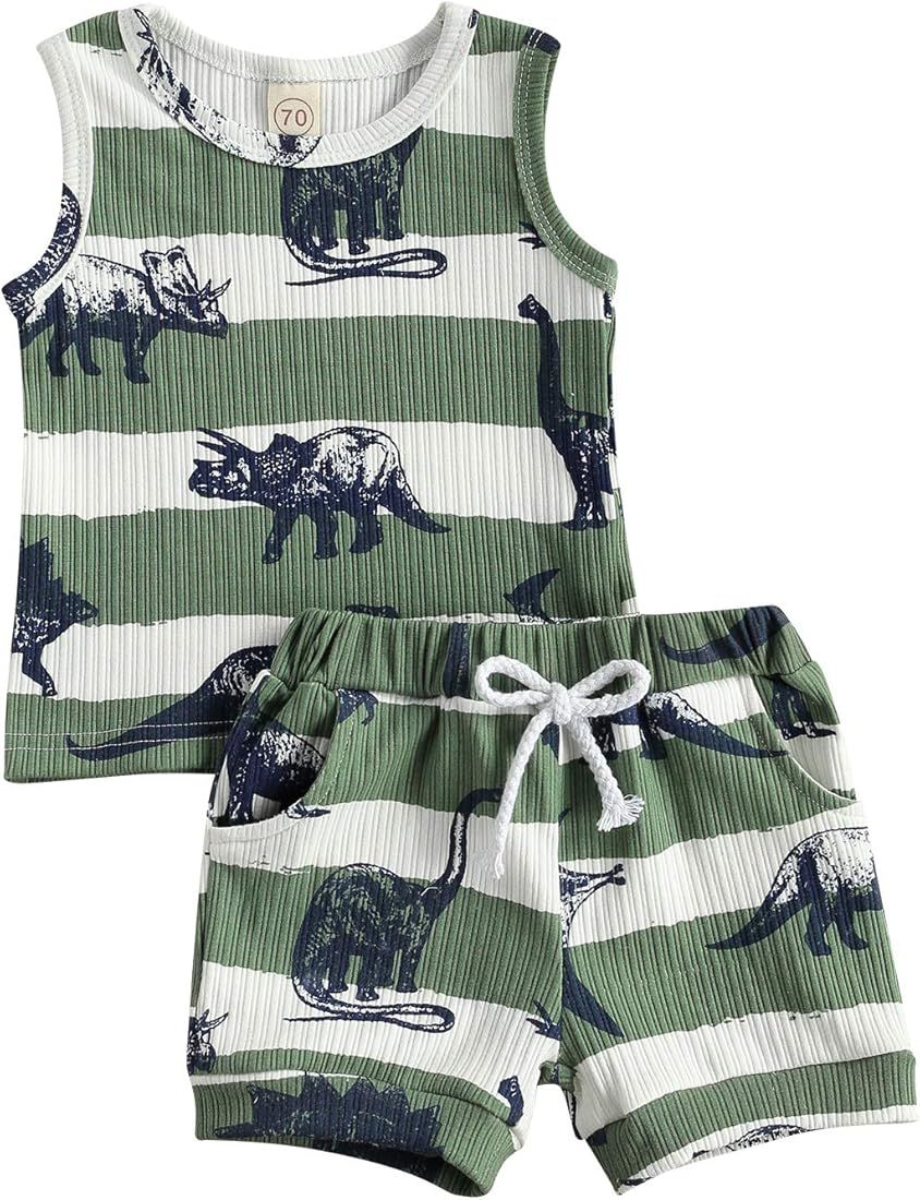 Newborn Baby Boys Summer Outfit Set Cartoon Dinosaur Print Sleeveless Tank Tops and Ribbed Shorts... | Amazon (US)