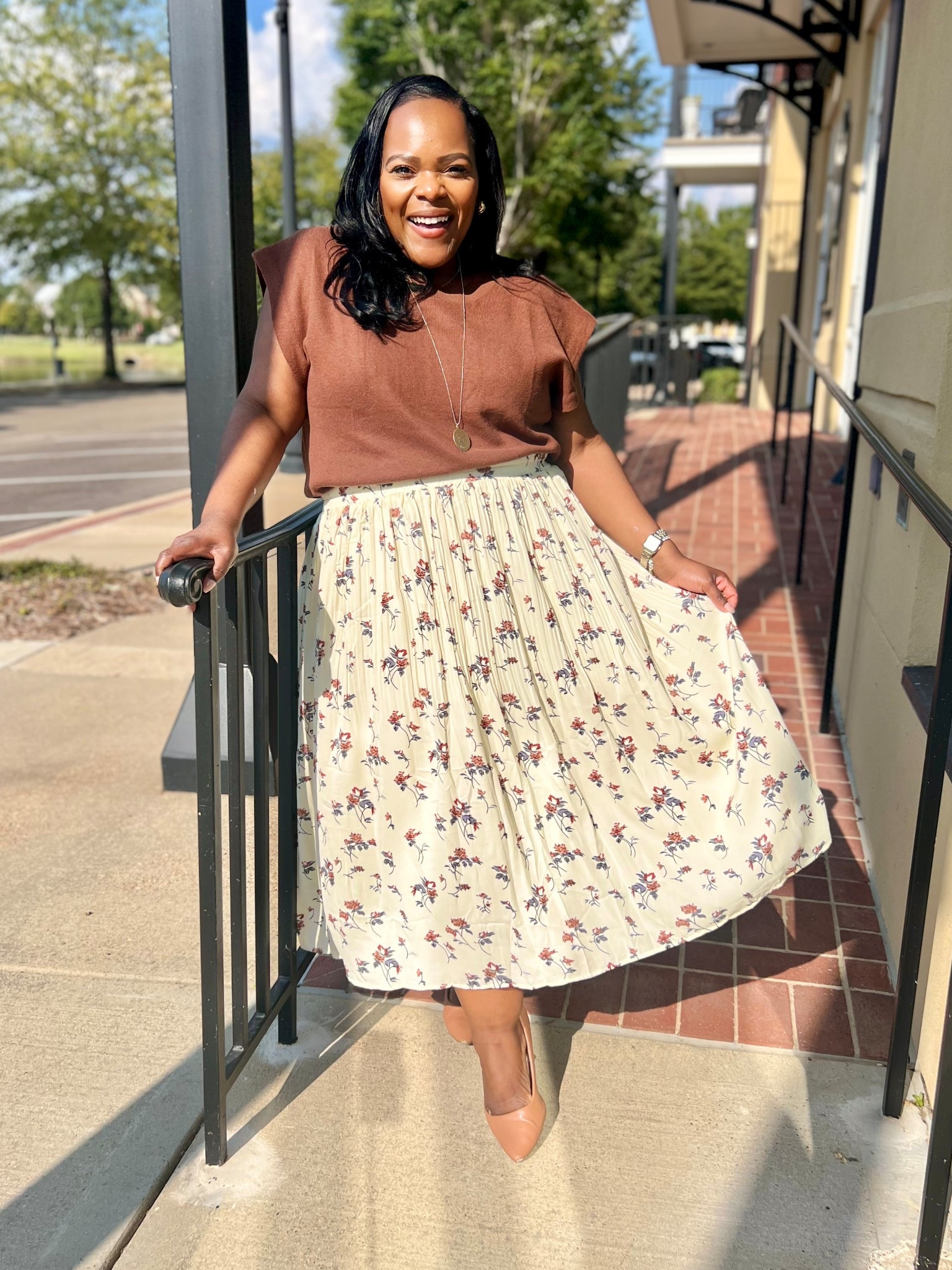 Can you believe this outfit is from Amazon? Yes! The sweater and the skirt!! Wearing a xl in both brown sweater and ivory floral pleated skirt . The perfect early Fall workwear ootd!! 

#LTKPetite #LTKMidsize #LTKWorkwear