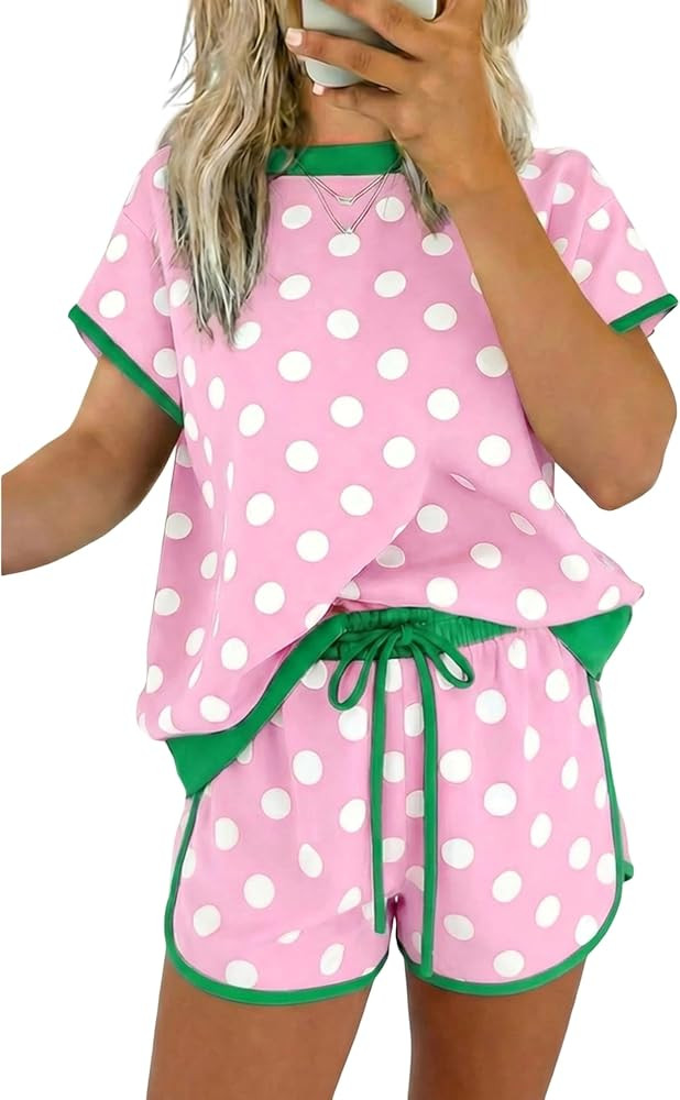 2 Piece Sets for Women Summer Polka Dot Crewneck Top and Drawstring Shorts Matching Lounge Set | Amazon (US)