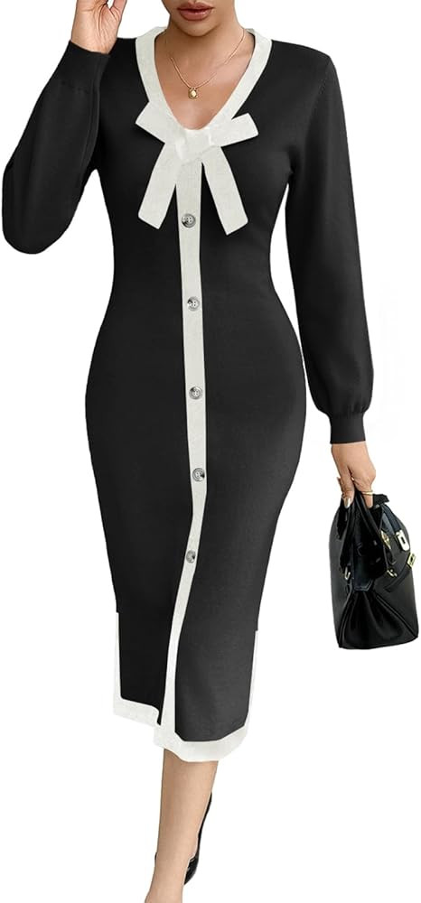 Wenrine Womens V Neck Sweater Dress Fall Bodycon Button Bow Midi Dresses | Amazon (US)