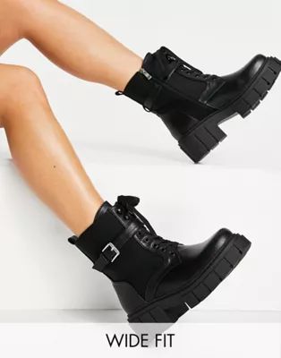 Simmi London Wide Fit Kai chunky lace up boots with buckles in black | ASOS | ASOS (Global)