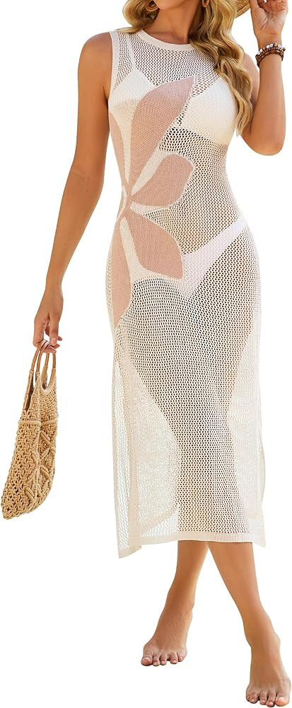 BMJL Womens Swimwear Cover Ups Crochet Hollow Out Long Bathing Suit Coverup Bikini Sleeveless Sid... | Amazon (US)