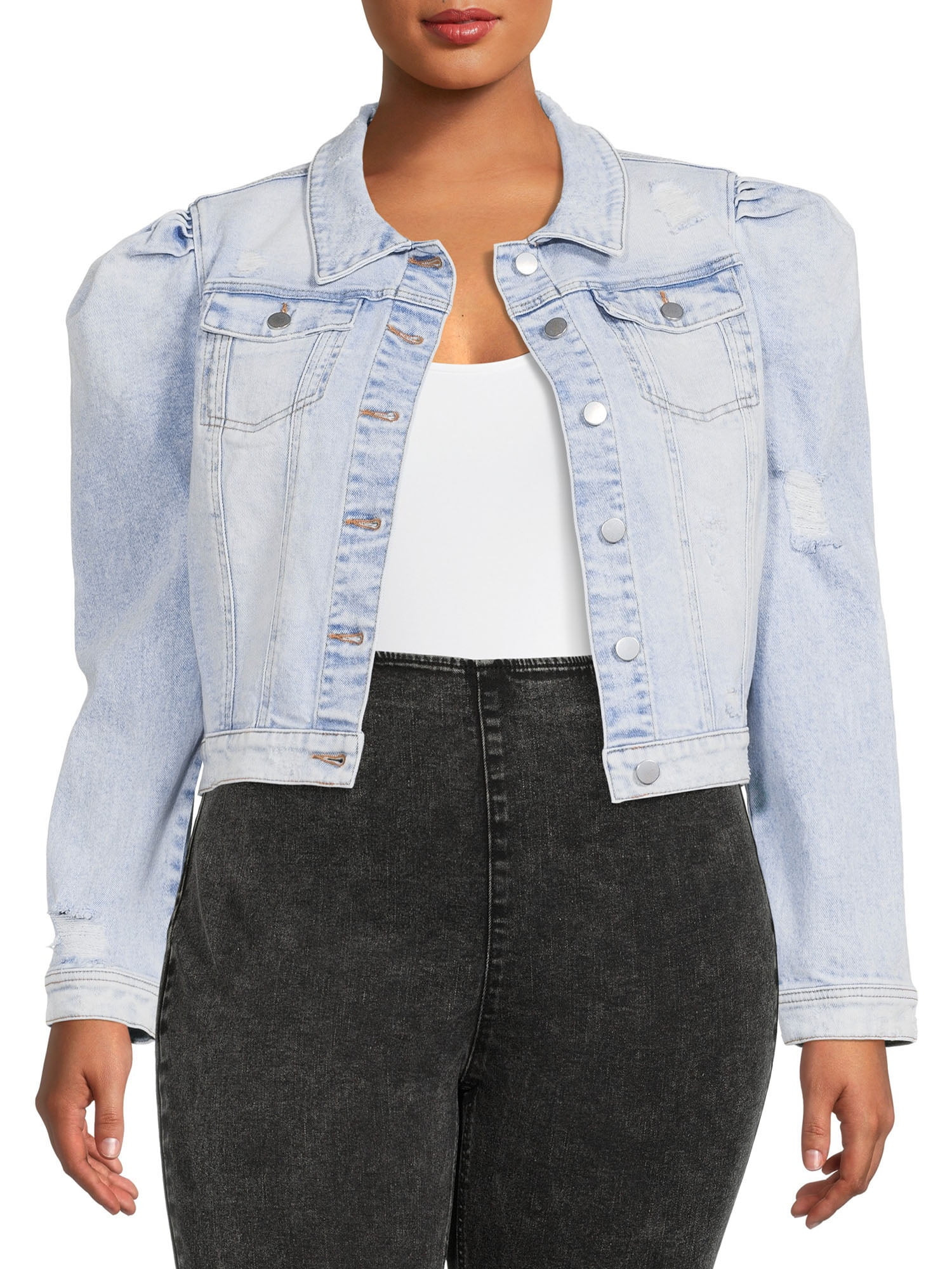 No Boundaries Juniors' Plus Size Destructed Puff Sleeve Denim Jacket - Walmart.com | Walmart (US)