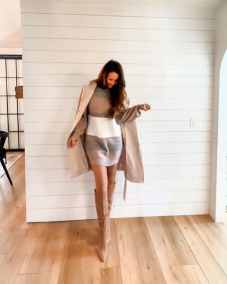 Loving this cozy and chic outfit for fall 🍂 I’m a M in the dress and S in the trench (I sized down from a M because it runs big). 

🏷️ sweater dresses , fall dress , outfit Inspo , fall outfits , tall boots , sam Edelman boots , beige trench coat , striped dress , oversized sweater , jackets for fall , autumn dresses , affordable fashion

#LTKfindsunder100 #LTKSeasonal #LTKworkwear