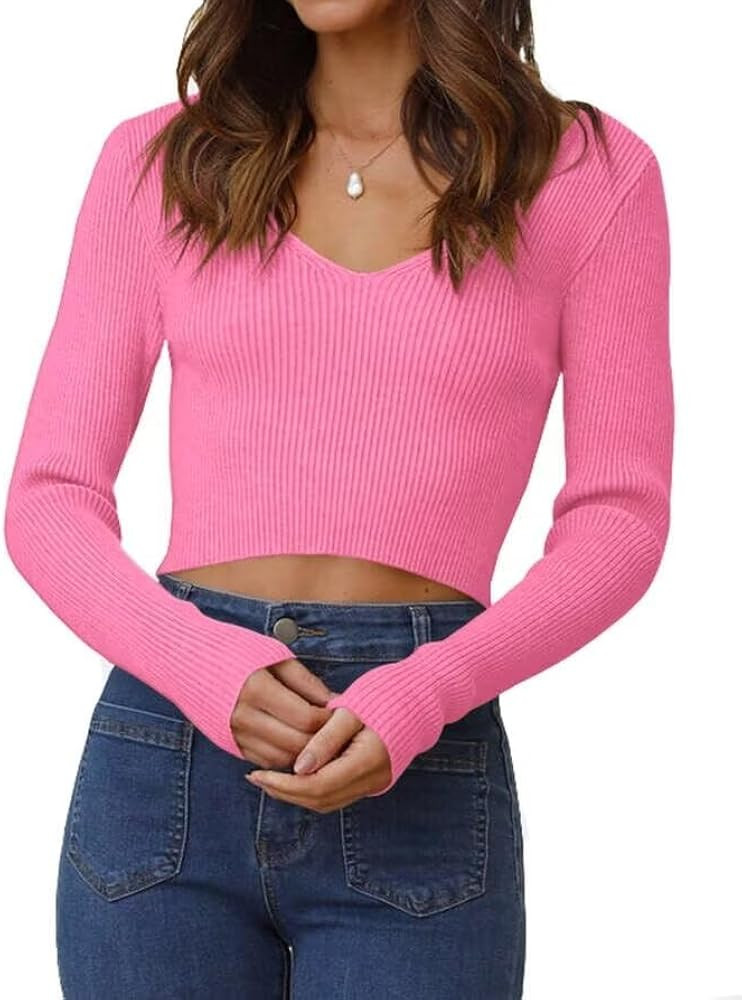 Ezbelle Women's V Neck Sweater Long Sleeve Crop Tops Sexy Ribbed Knit Pullover Shirt Trendy Blous... | Amazon (US)