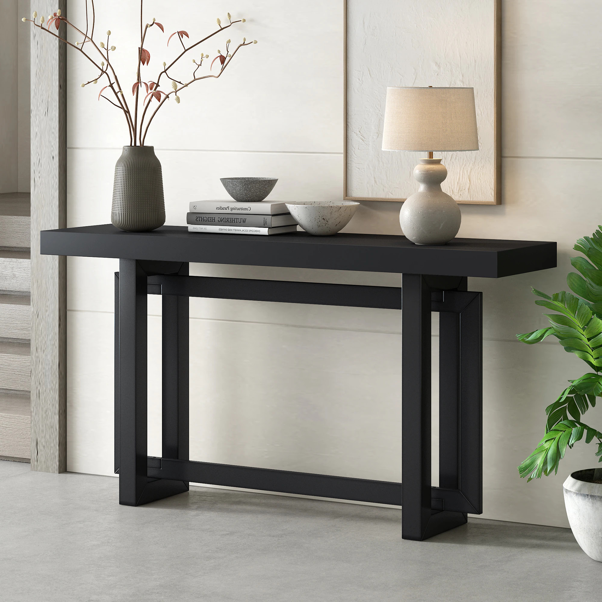Vynxaria Rectangular Wood veneer Console Table with open profile in Black | LS0505-7110809B | Lowe's
