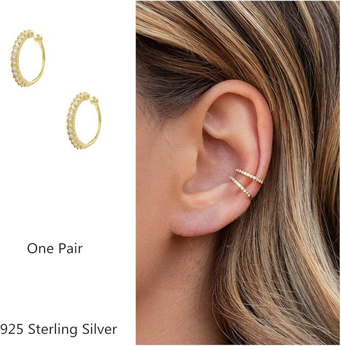 Fake Hoop Earrings CZ Cubic Zirconia Cartilage Earring 925 Sterling Silver Earrings Ear Cuff Hugg... | Amazon (US)