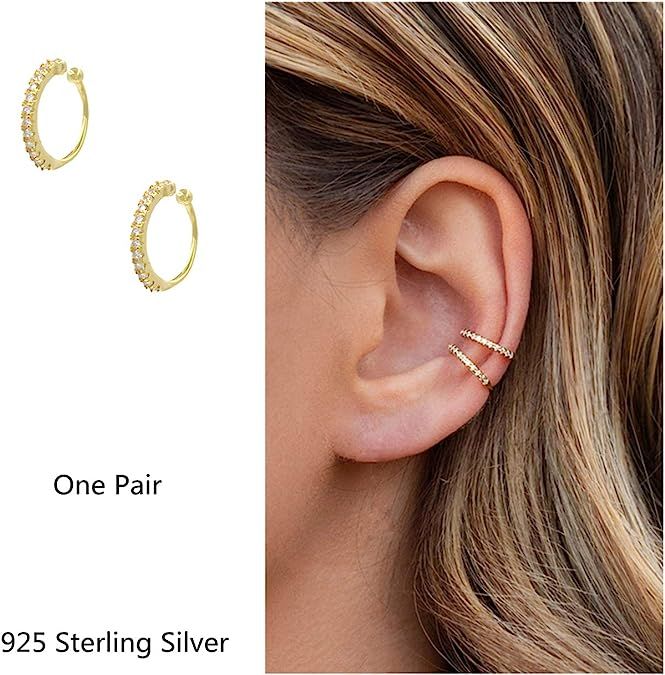 Fake Hoop Earrings CZ Cubic Zirconia Cartilage Earring 925 Sterling Silver Earrings Ear Cuff Hugg... | Amazon (US)