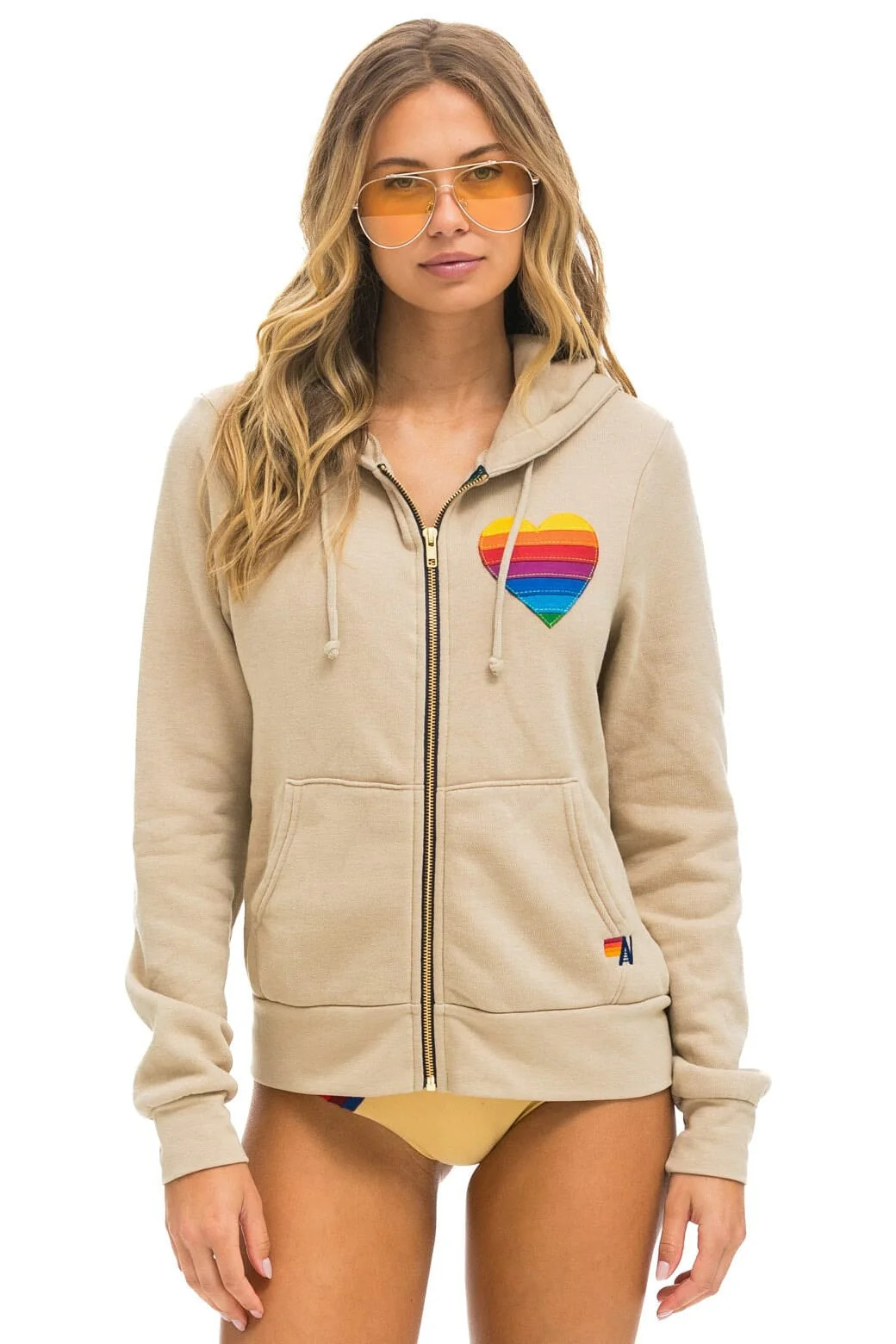 RAINBOW HEART STITCH ZIP HOODIE - SAND | Aviator Nation