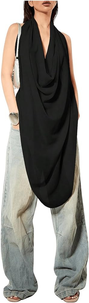 OYOANGLE Women's Backless Cowl Neck Sleeveless Tank Top Draped Front Chiffon Trendy Tops | Amazon (US)