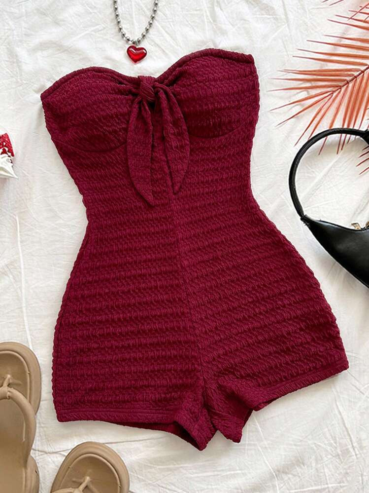 Soleia Women's Spring/Summer Resort Burgundy Textured Knit Front Tie Bandeau Jumpsuit, Sexy Romantic Party Date Night Valentine's Holiday Beach Cruise Afternoon Tea | SHEIN