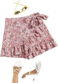 MakeMeChic Women's Boho Floral Print Elastic Waist Ruffle Wrap Tie Skorts Skirt Skorts Pink A L a... | Amazon (US)
