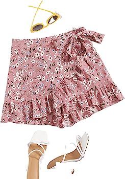 MakeMeChic Women's Boho Floral Print Elastic Waist Ruffle Wrap Tie Skorts Skirt Skorts Pink A L a... | Amazon (US)