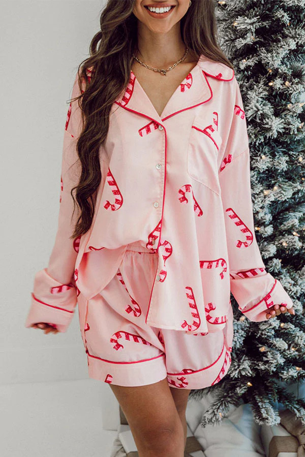 Womens Festive Pink Candy Cane Print Christmas Pajama Set Pink / M / 97%Polyester+3%Elastane | Mia Belle Girls