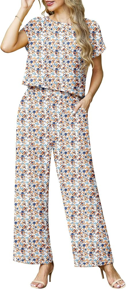 Lepunuo 2 Piece Sets for Women Summer Cap Sleeve Crop Top Wide Leg Pants Matching Lounge Set Vaca... | Amazon (US)