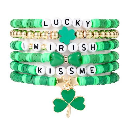 RISHEGAE St.Patrick's Day Bracelet Stretch Green Heishi Beaded Shamrock Bracelets Stackable Green Lucky Leaf Charm Bracelet St Patricks Accessories Gift for Women | Amazon (US)