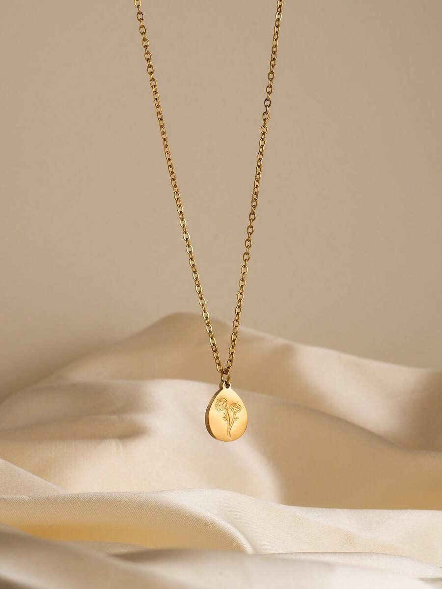 1pc Luxury Stainless Steel 18K Gold Plated Oval Floral Dangle Pendant Necklace, Hypoallergenic, F... | SHEIN