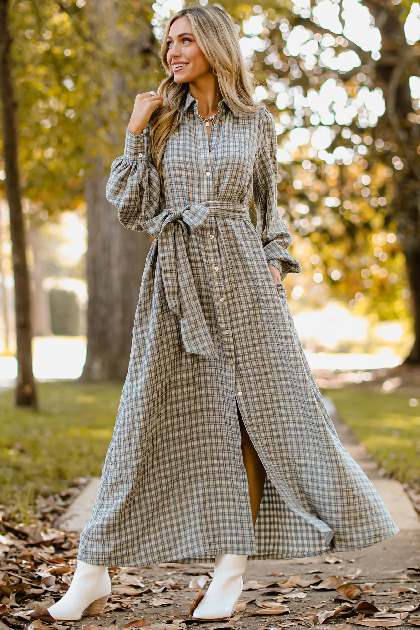 Rustic Elegance Ash Blue Plaid Maxi Dress | Red Dress 