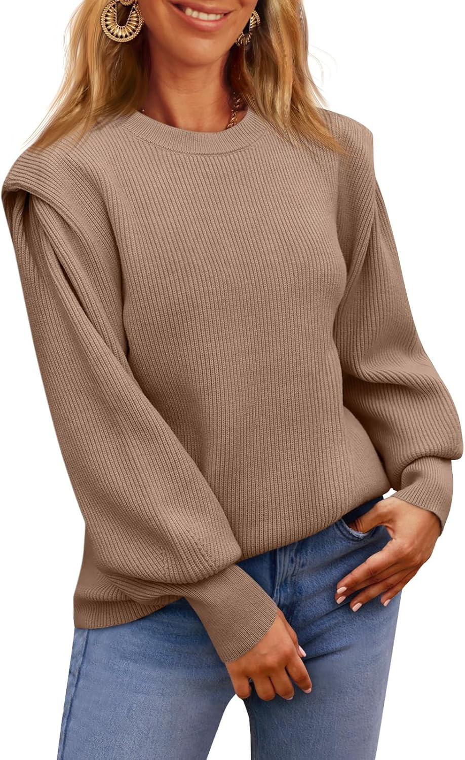 LILLUSORY Women's Crewneck Long Lantern Sleeve Sweaters 2023 Striped Ribbed Knit Jumper Pullover ... | Amazon (US)