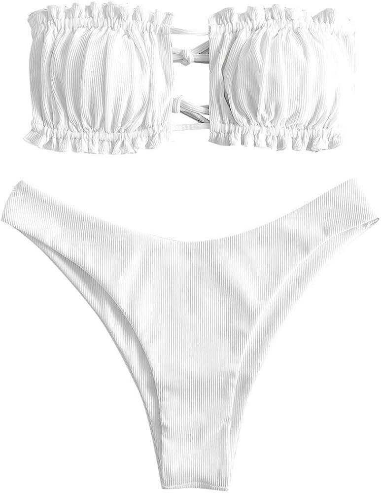 ZAFUL Women's Strapless Ribbed Tie Back Ruffle Cutout Bandeau Bikini Set Swimsuit | Amazon (US)