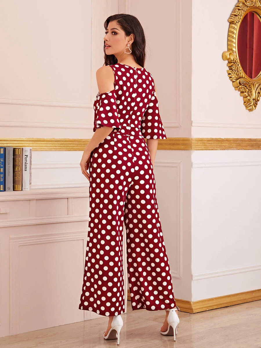 SHEIN Cold Shoulder Wide Leg Polka Dot Jumpsuit | SHEIN