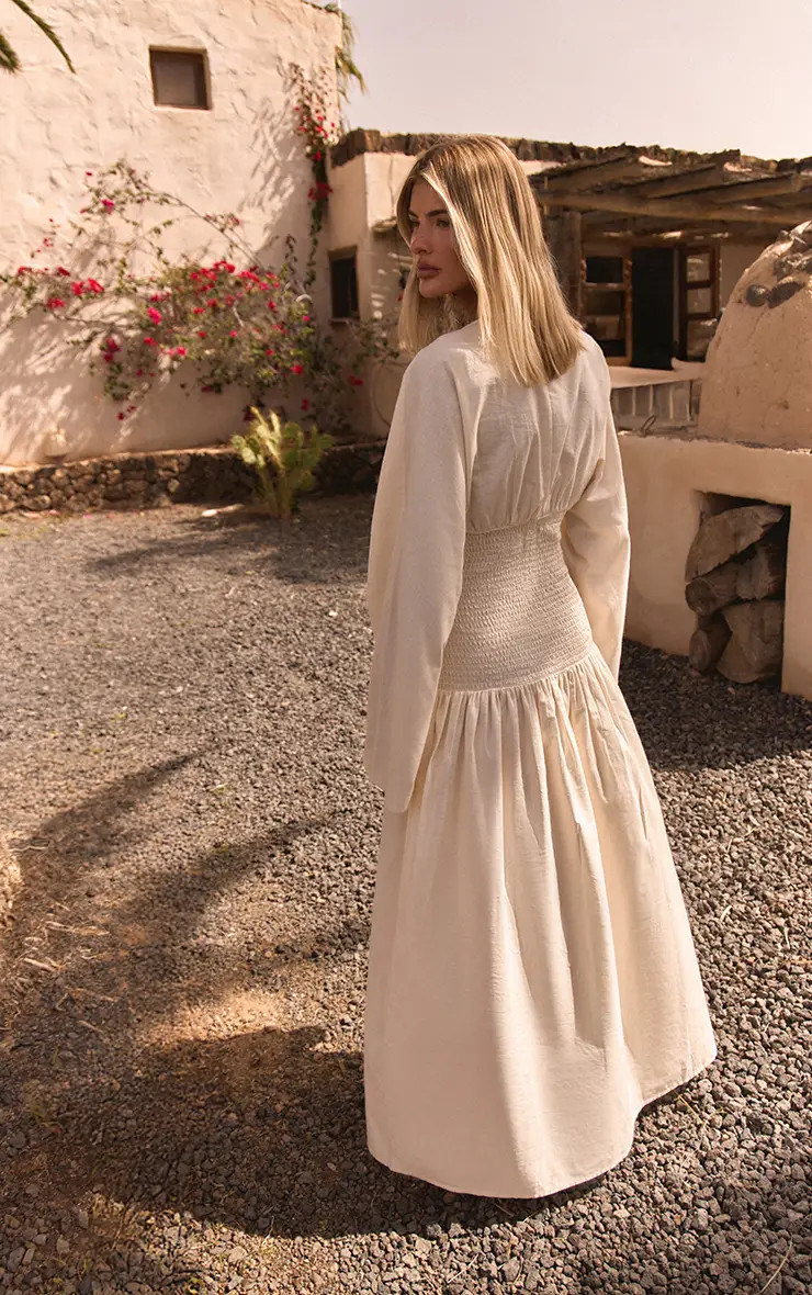 Cream Linen Look Shirred Waist Maxi Dress | PrettyLittleThing USA | PrettyLittleThing US