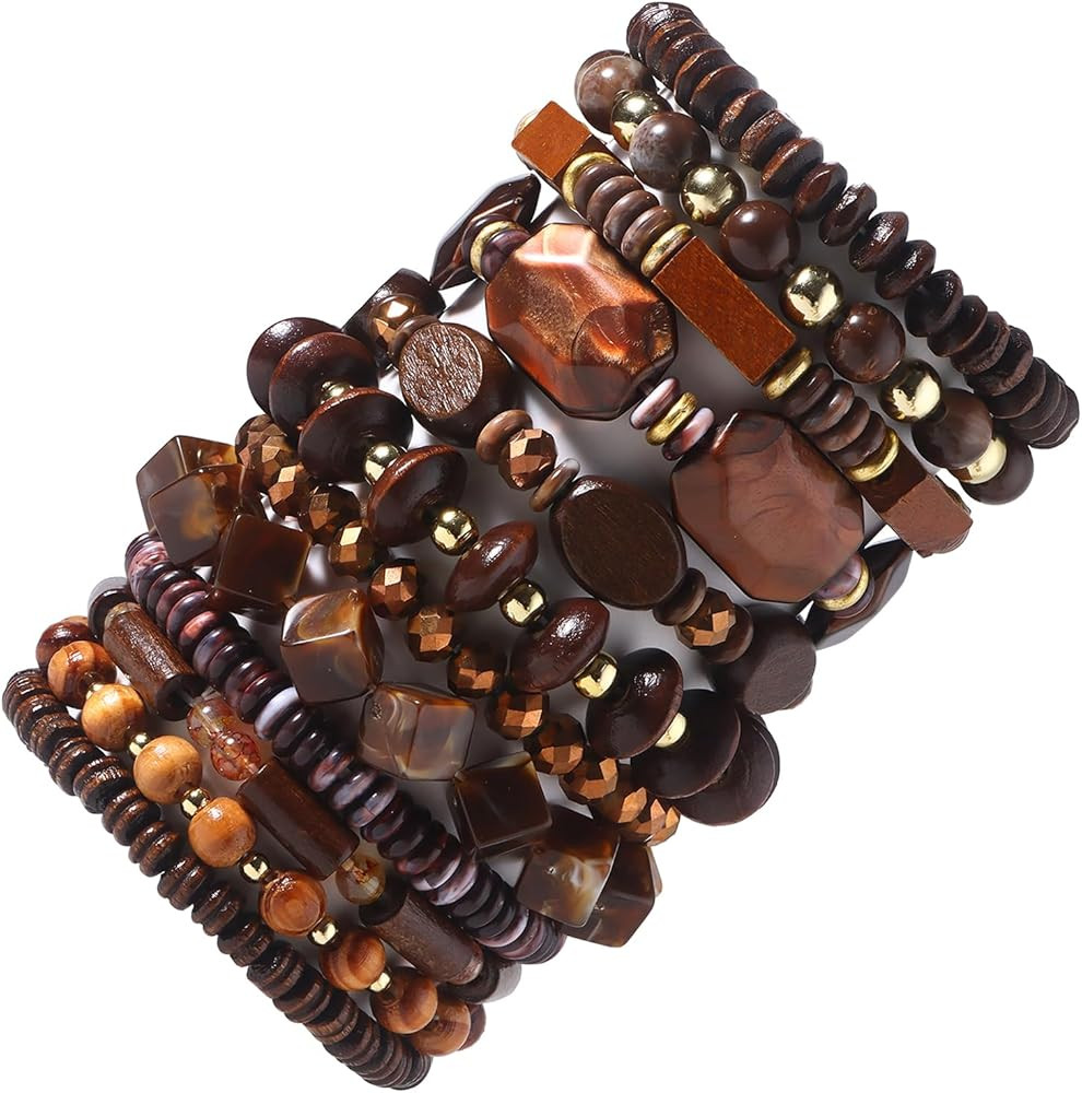 12Pcs Beaded Bracelets for Men Women Adjustable Punk Braided Wooden Bracelet Bulk Wood Bangles Go... | Amazon (US)
