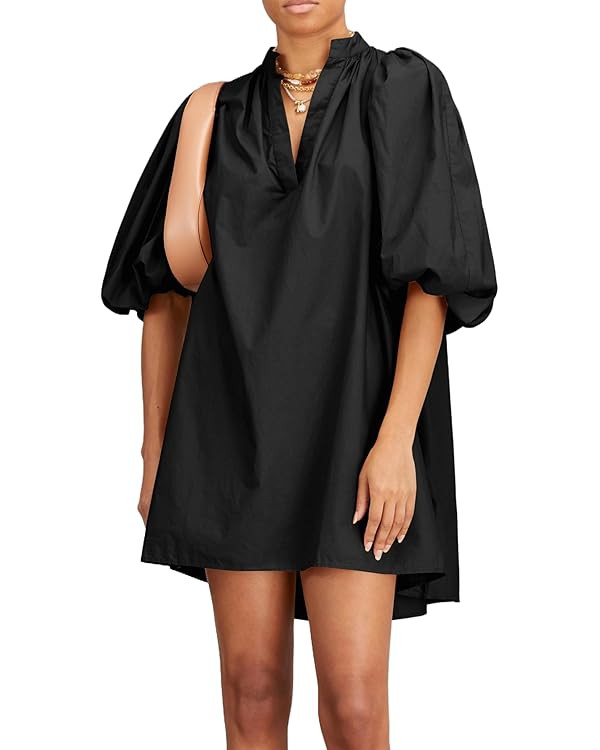 Women Babydoll Mini Dress Summer Casual Cotton V Neck Puff Lantern Sleeve Loose A Line Cute Dress | Amazon (US)