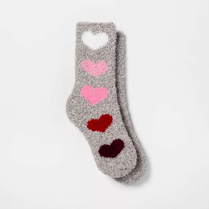 Women's Big Hearts Valentine's Day Cozy Crew Socks - Gray One Size | Target