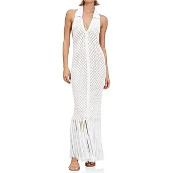 Saodimallsu Womens Halter Crochet Cover Up Fringe Sexy Backless Sleeveless V Neck Collared Vacati... | Amazon (US)