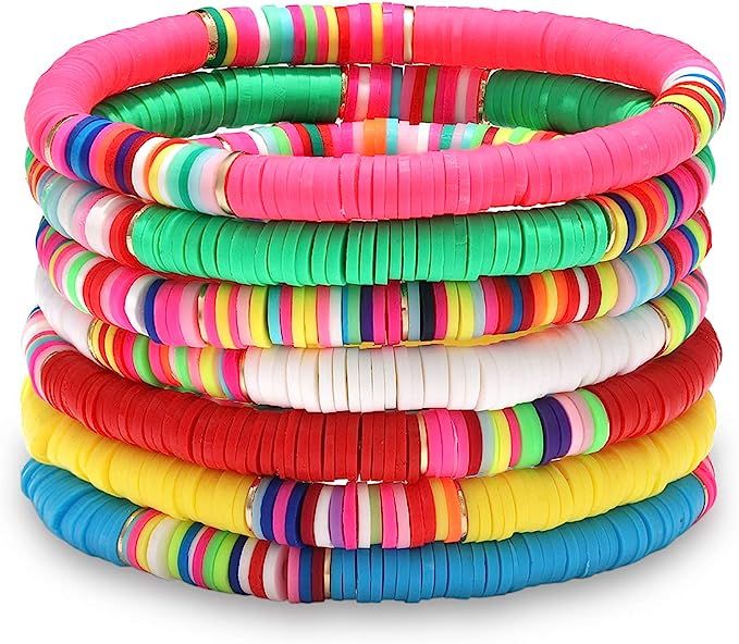 Boderier Heishi Bracelet Set Stack Rainbow Vinyl Disc Bead Surfer Stretch Bracelet Summer Beach B... | Amazon (US)