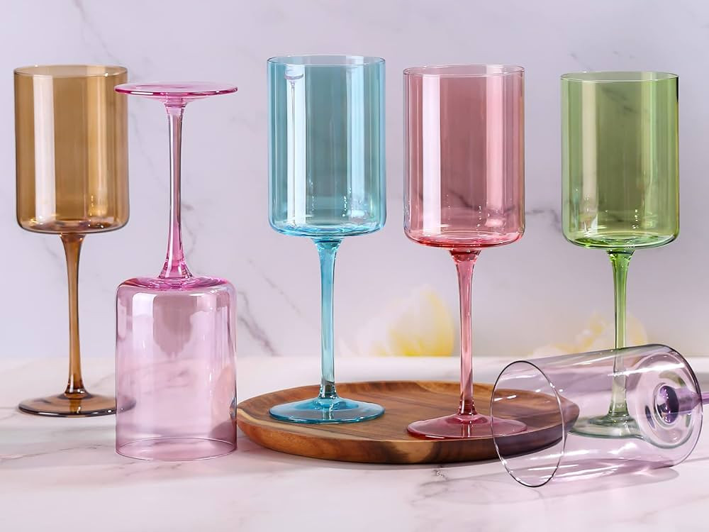 Colored Wine Glasses Set of 6 - Square Wine Glasses with Stem and Flat Bottom,Multi Colored Wine ... | Amazon (US)