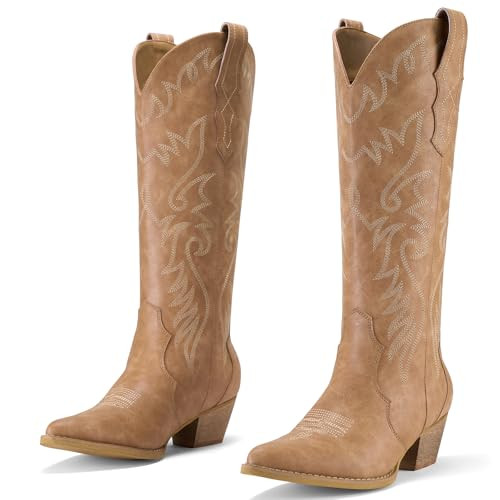 Rollda Cowboy Boots for Women Cowgirl Boots Embroidered Knee-High Western Boots Pointy Toe with Chunky Heel Tan Size 8.5 | Amazon (US)