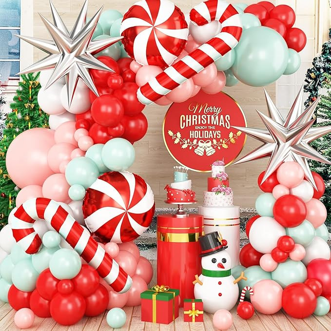 138 PCS Christmas Balloon Arch Kit, Pink Green Red White Balloon Garland Kit with Xmas Candy Cane... | Amazon (US)