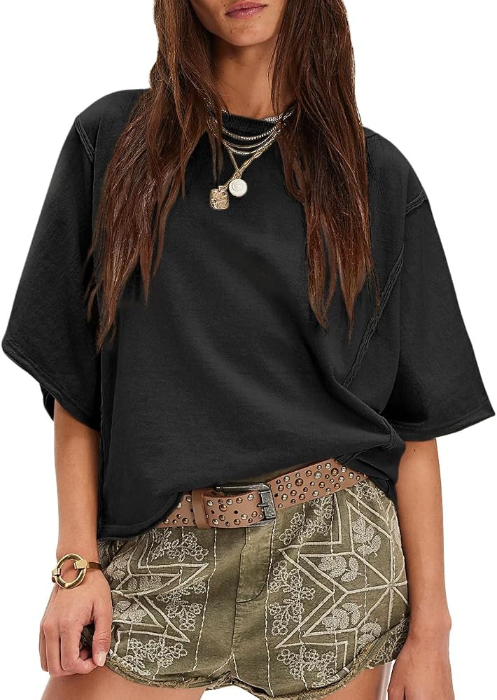 Women's Oversized Cotton T Shirt Loose Fit Casual Short Sleeve Summer Top 2026 Vintage Washed Bas... | Amazon (US)