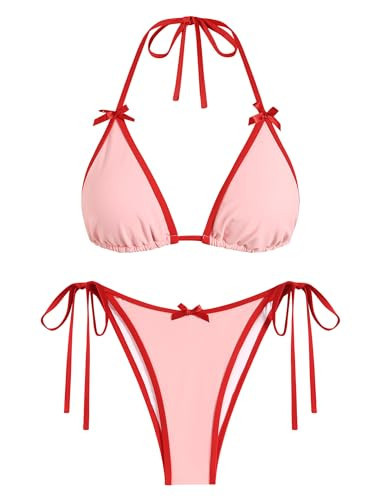 ZAFUL Bikini Sets for Women Halter Bow Decor Tiny Floral Gingham Print Swimsuit Tie Side 2 Pieces Bathing Suit (3-a-Light Pink, S) | Amazon (US)