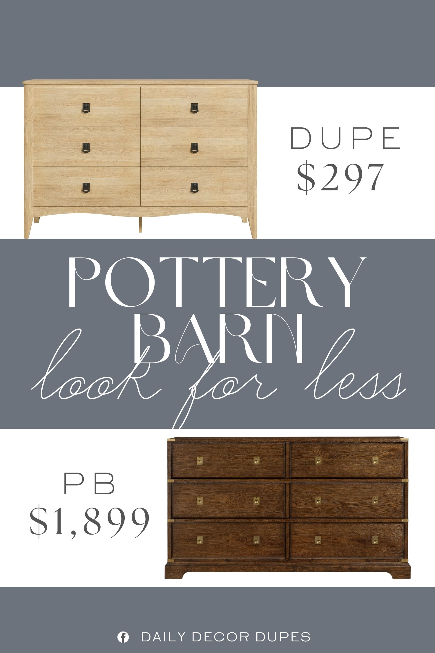 The Pottery Barn Campaign 6-Drawer Dresser brings a warm wood finish, classic campaign-inspired hardware, and a gently curved base that gives the piece a sophisticated yet approachable feel. 🪵🤎✨ The spacious six-drawer design provides practical clothing and accessory storage while the clean silhouette pairs effortlessly with neutral bedding, natural textures, and both traditional and modern bedroom decor. 🛏️✨🤎 At around $297, compared with the $1,899 designer version shown, this style offers an approachable way to add a polished wood dresser to the bedroom without the higher price point. 💰🪵🏡

Home more affordable option find similar look for less budget friendly affordable cheap cheaper beautiful pretty. Clearance sale coupon code discount code promo code luxury Inspo inspiration inspired by idea ideas Love like these? I share multiple every day in my FB group.
#PotteryBarnInspired #Dresser #SixDrawerDresser #WoodDresser #BedroomDresser #BedroomFurniture #DrawerDresser #BedroomStorage 

 #LTKHome
