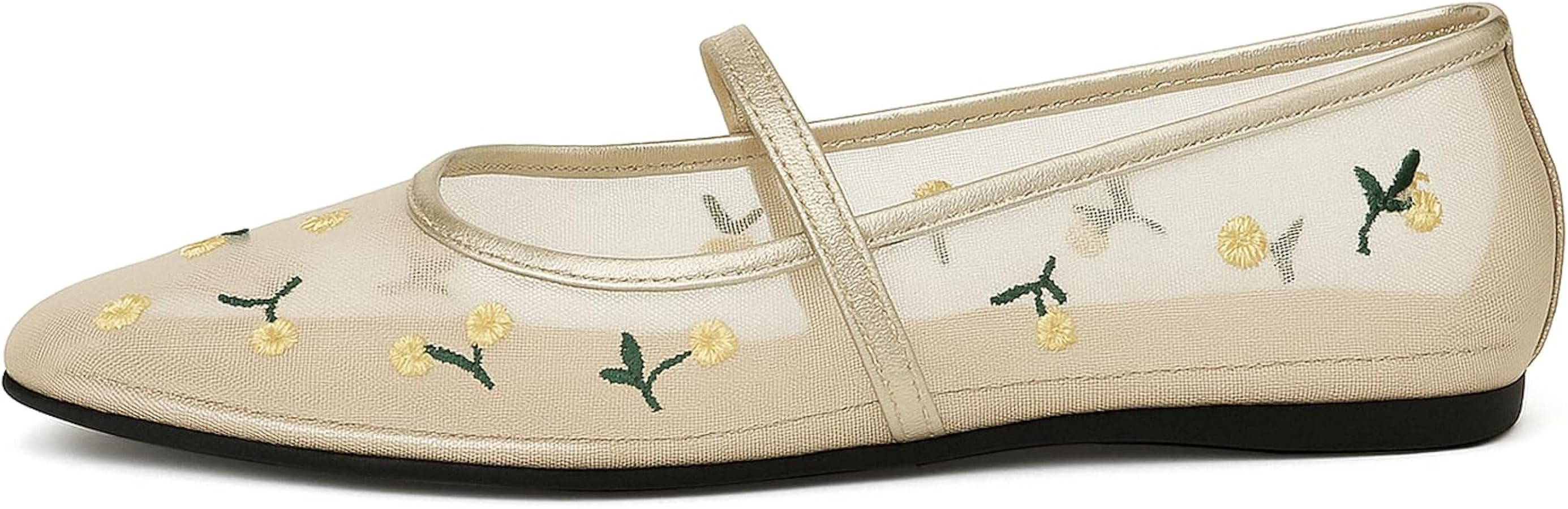 MAVMAX Nude Mesh Ballet Flats for Women Tulle Floral Embroidered Mary Jane Ballerina Round Toe Co... | Amazon (US)