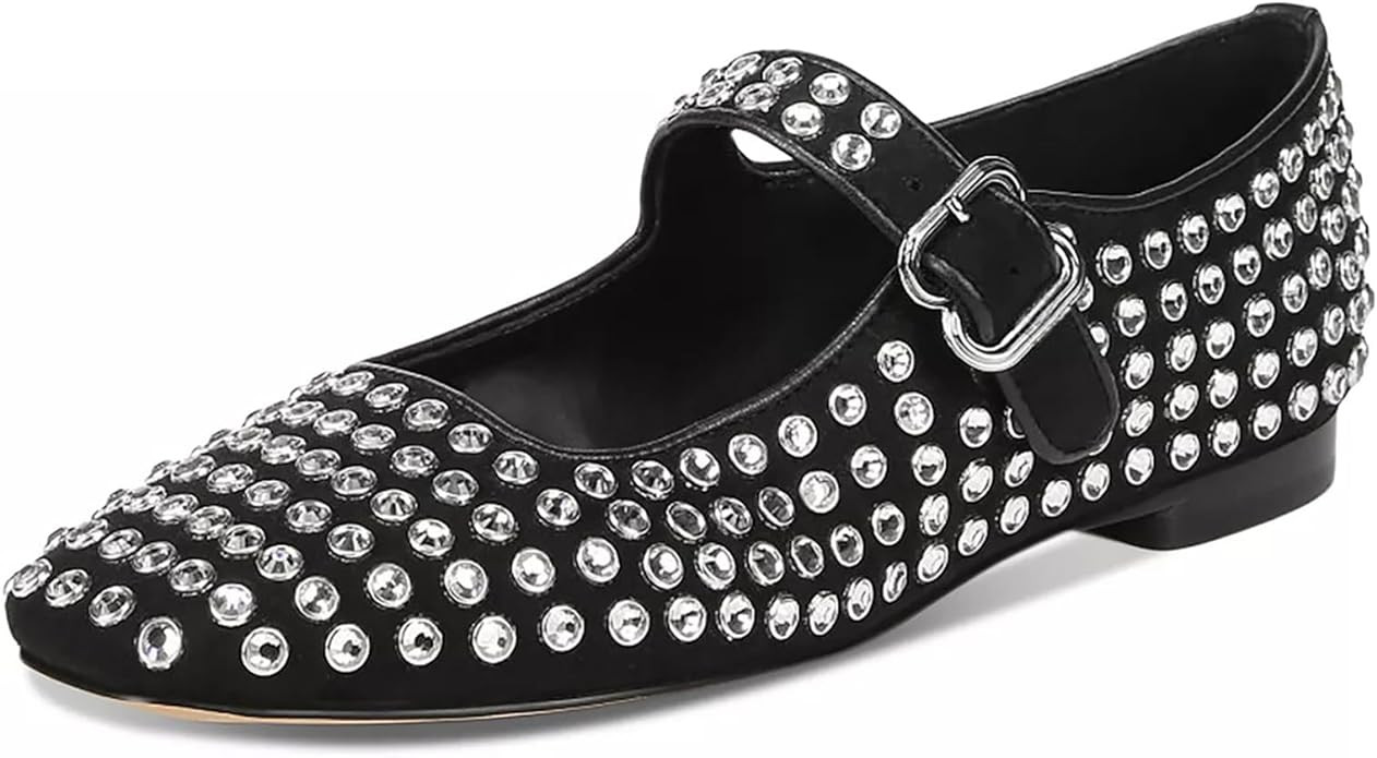Rhinestones Ballet Flats for Women, Sparkly Mary Jane Flats Ballerina Square Toe Buckle Strap Sho... | Amazon (US)