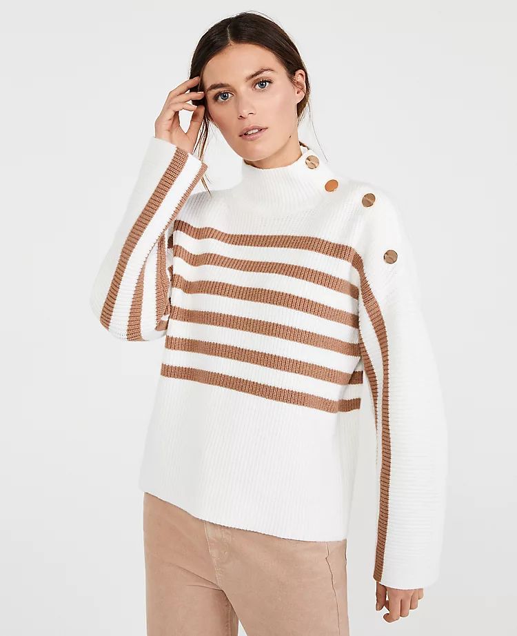 Striped Shoulder Button Mock Neck Sweater | Ann Taylor | Ann Taylor (US)