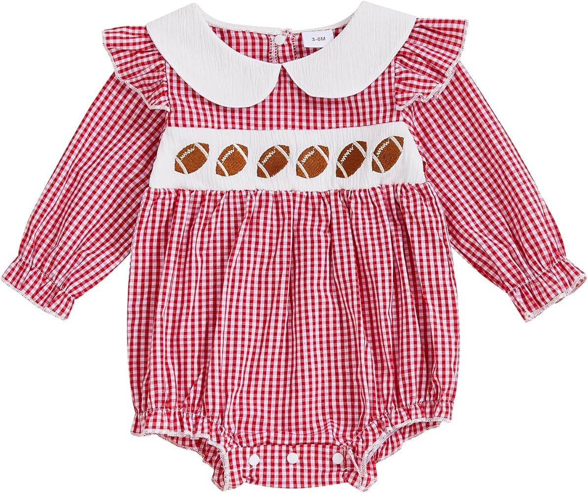 Newborn Baby Girl Football Outfit Embroidery Smocked Bubble Romper Long Sleeve Bodysuit Fall Clot... | Amazon (US)