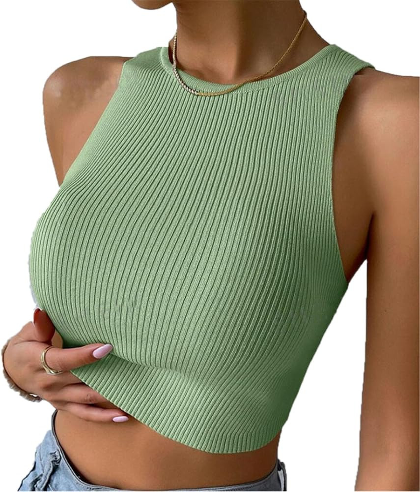 Women's Ribbed Knit Crop Tank Tops Sleeveless Solid Color Fitted Basic Tops Casual Knit Undershir... | Amazon (US)